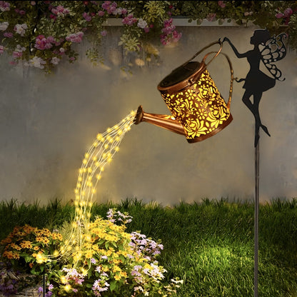 Solar Fairy Watering Can Path Lights - Metal Garden Decor with Cascading Lights | Energy-Efficient, Waterproof Fixture, Toggle Control, Detachable Semi Flush Mount Lamp | Includes Solar Charged Nickel Battery - Perfect Gift