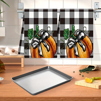 2PCS Vintage Pumpkin Kitchen Towels - Plaid Polyester Dish Cloths for Thanksgiving and Halloween, Machine Washable