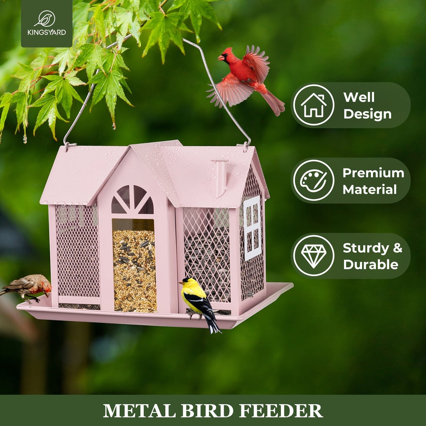 Kingsyard Metal Bird Feeder House – Weatherproof Wild Bird Feeder with Triple Feeders for Finch, Cardinal & Chickadee, Large Capacity