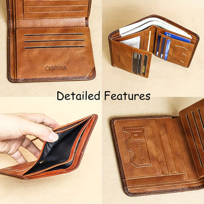 RFID Blocking Trifold Genuine Leather Wallet for Men – Vintage Cowhide, Multi-Function Credit Card Holder with Money Clip and 2 ID Windows