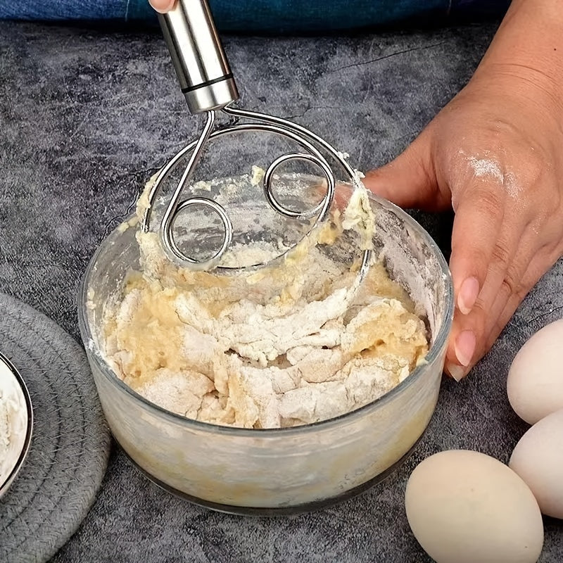 Stainless Steel Dough Mixer and Whisk - Handheld Bread Tool with Dough Scraper - Double Hole Quick Mixing for Cooking, Baking, and Food Trucks