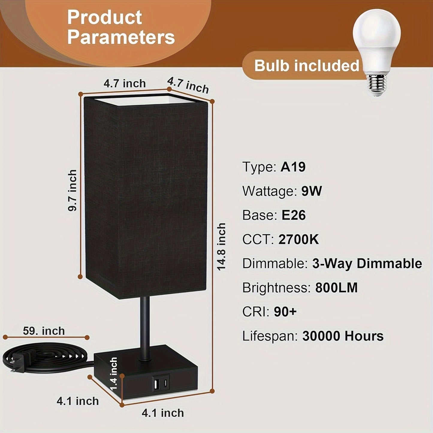 Set of 2 Bedside Table Lamps - Touch Control, USB C+A Charging Ports, 3-Way Dimmable, LED Bulbs , Upgraded Black for Bedroom Decor