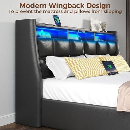 Twin Full Queen Bed Frame with LED Lighting and Charging Station - PU Leather/Neutral Linen Storage Headboard, Drawers, Heavy Duty Wood Slats, Easy Assembly - Modern Bedroom Furniture Upgrade