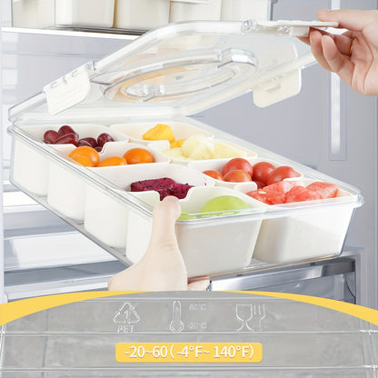 Divided Serving Tray with Handle - Lid and Removable Snack Box, 8-Compartment Fruit Container, Food Storage, Snack and Lunch Organizer, Fridge Platter for Candy, Party, Salad