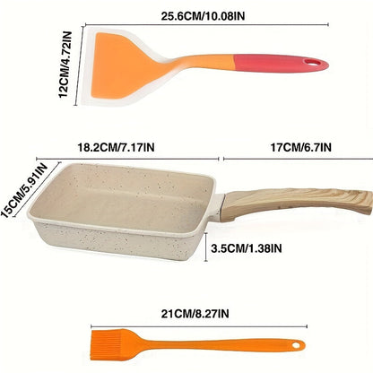 Japanese Tamagoyaki Pan Set - Non-Stick Aluminum Rectangular Frying Pan with Silicone Spatula and Oil Brush - Ideal for Eggs and Pancakes, Hand Wash Only