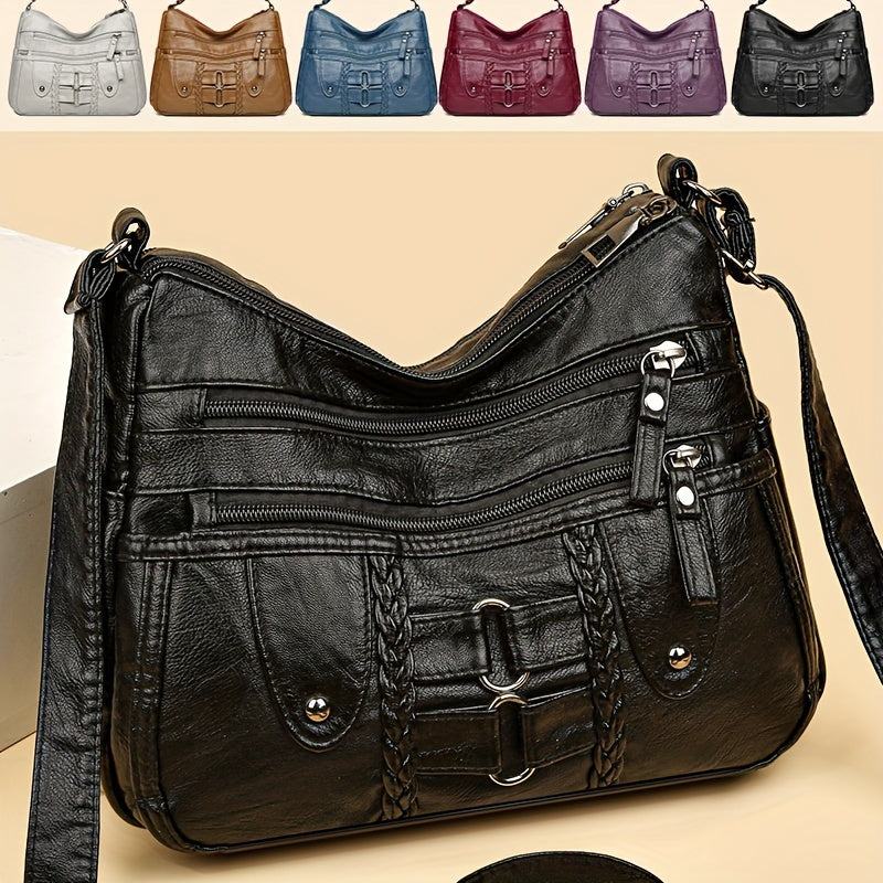 Retro Rivet Crossbody Bag for Women - PU Leather Multi-Zipper Messenger Bag