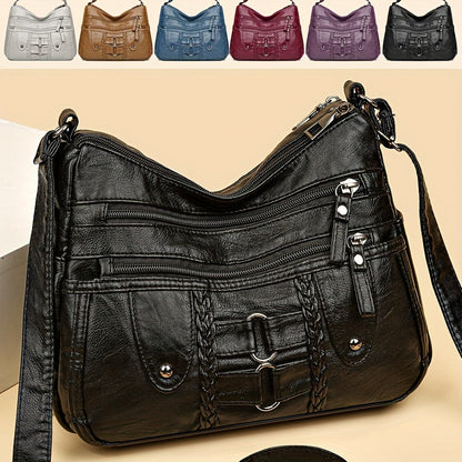 Retro Rivet Crossbody Bag for Women - PU Leather Multi-Zipper Messenger Bag