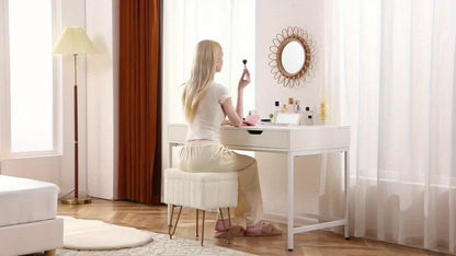 Luxurious Faux Fur Vanity Storage Ottoman Chair - Metal Legs, Flip-Top Foot Rest, Soft Padded Seat, Ample Storage