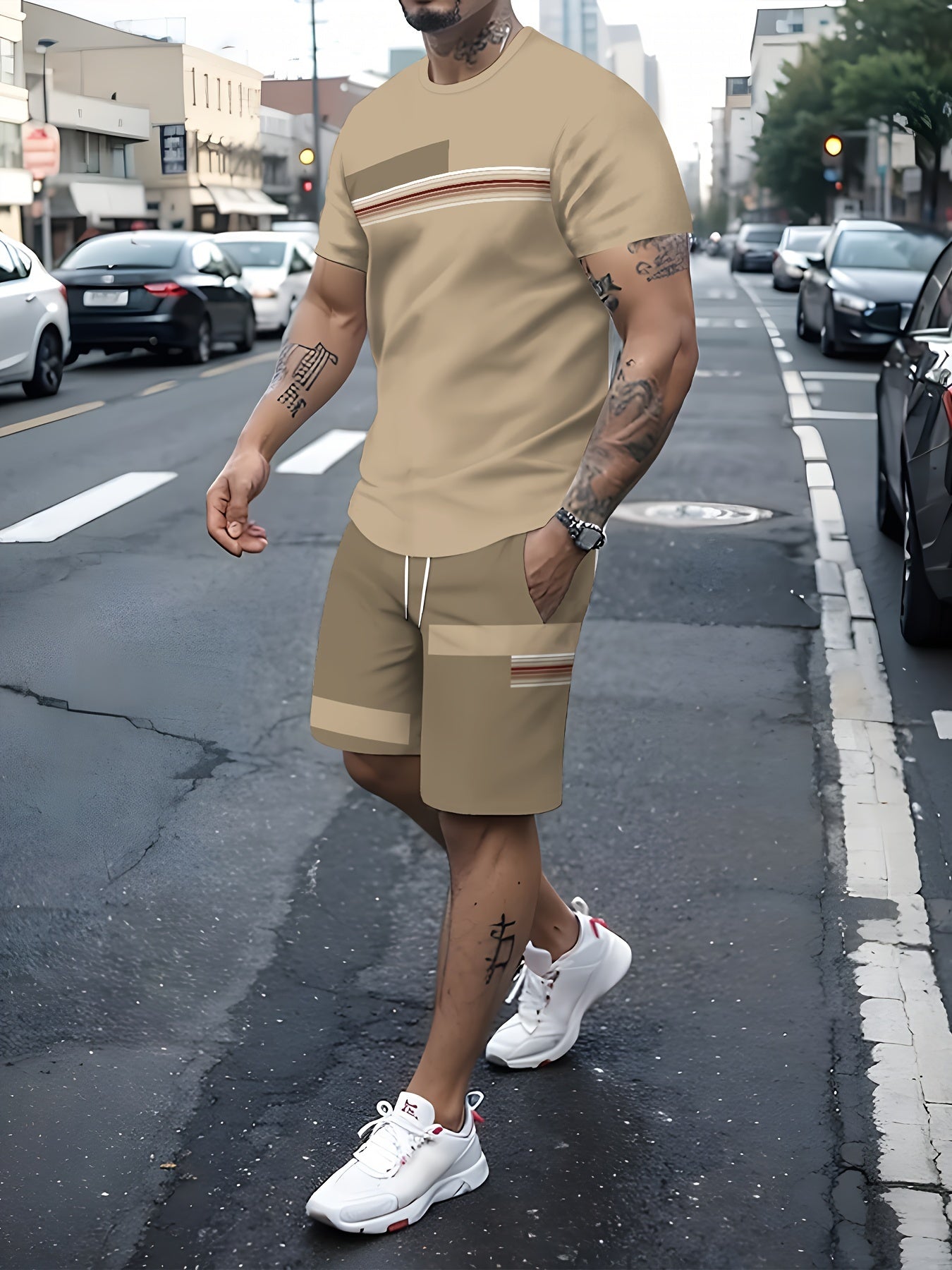 2-Piece Men's Color Blocked Summer Co-ord Set – Short Sleeve Crew Neck T-Shirt and Drawstring Shorts with Pockets
