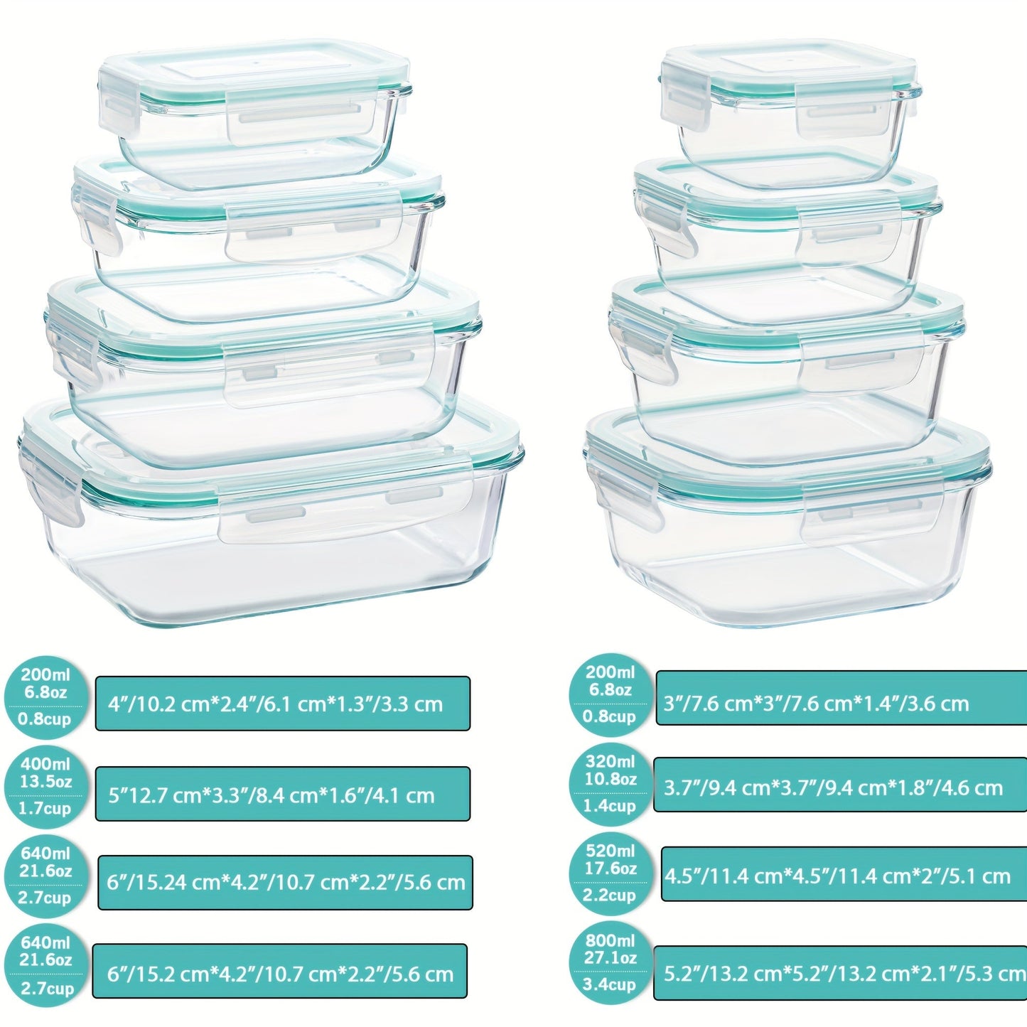 8-Pack Glass Food Storage Containers – Airtight Meal Prep Bento Boxes with Leak-Proof Locking Lids, Microwave, Oven, Freezer, and Dishwasher Safe, BPA-Free