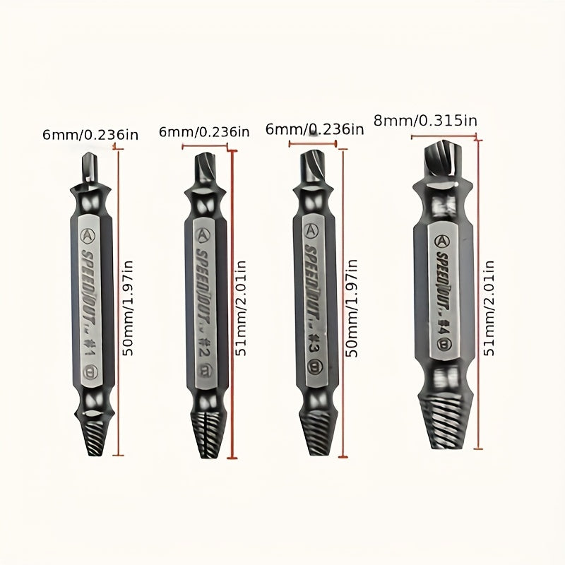 4pcs Steel Screw Extractor Set – Powerful Broken Screw Remover, Damaged Screw Easy-Out Kit, Precision Drill Bit Guide for Repairs
