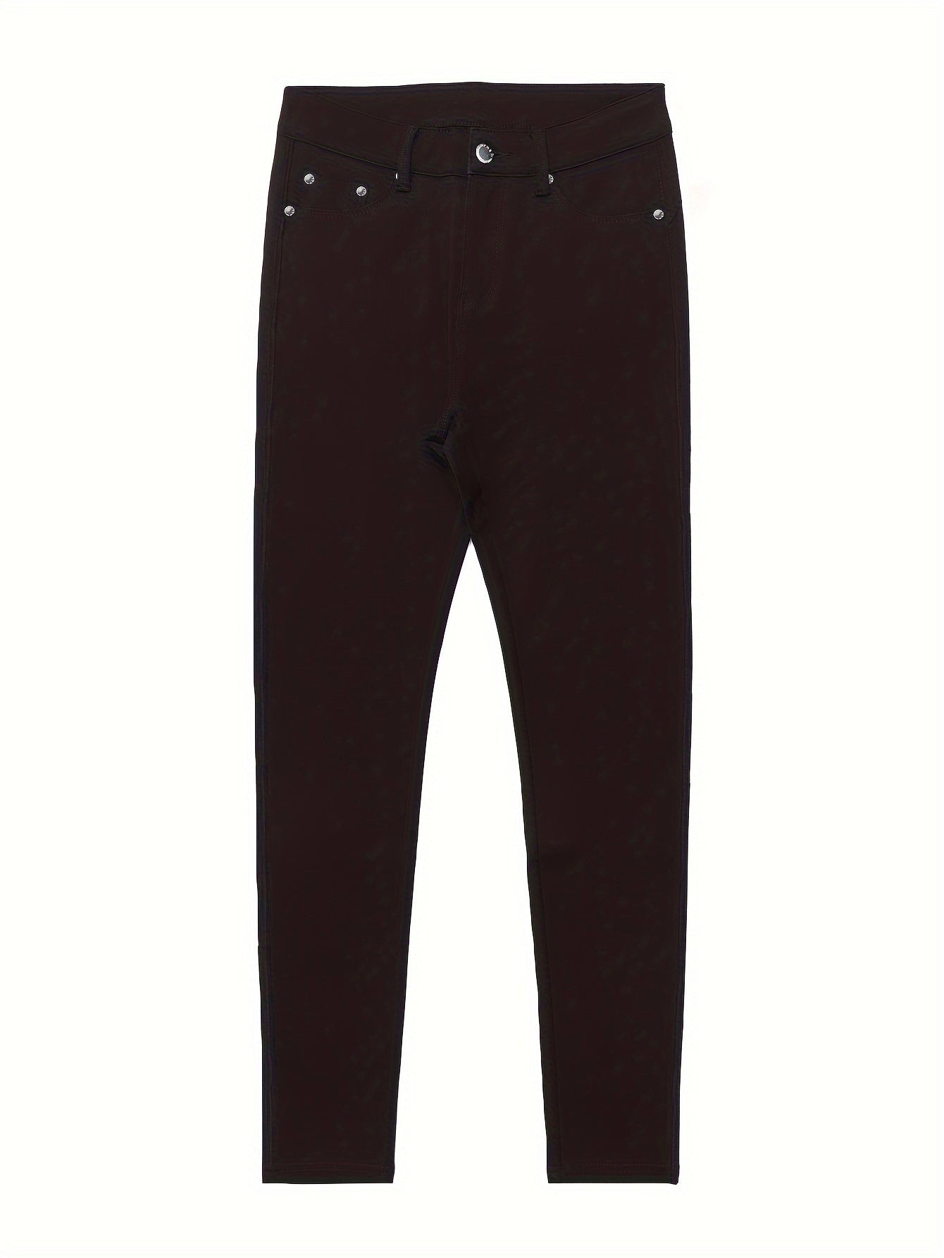Women's High Waist Stretch Jeans - Street Style Skinny Denim Pants with Metal Button Details, Plain Black Casual Fashion