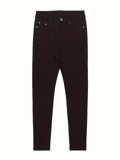 Women's High Waist Stretch Jeans - Street Style Skinny Denim Pants with Metal Button Details, Plain Black Casual Fashion