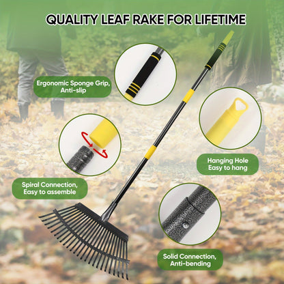 Adjustable Metal Garden Leaf Rake - Heavy-Duty Steel Lawn Rake with Telescopic Handle for Efficient Yard Debris Collection
