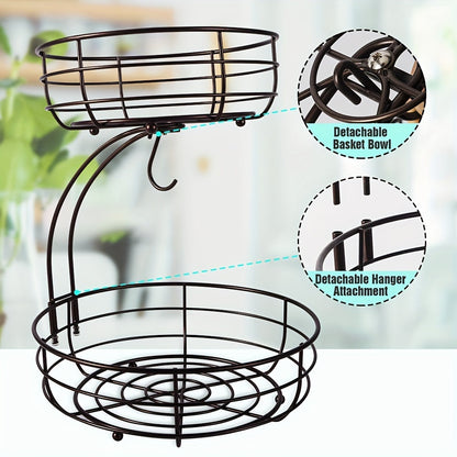 2 Tier Fruit Basket Bowl with Banana Hangers – Metal Wire Vegetable Storage Stand for Kitchen Counter, Fruits Organizer