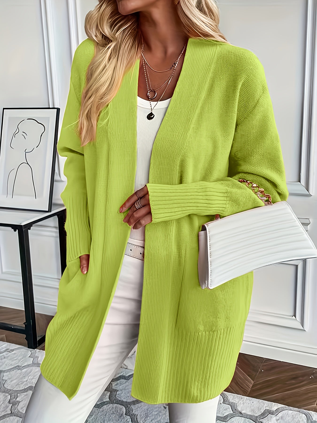 Solid Open Front Knit Cardigan - Casual Long Sleeve Loose Sweater with Pockets, Women's Clothing
