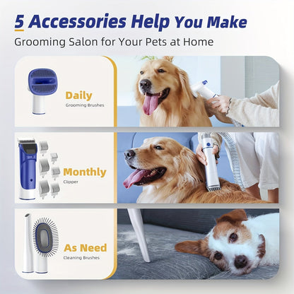 Dog Grooming Kit - Pet Grooming Vacuum with Clipper, Shedding Brush, and Cleaning Tool in 1, Low Noise for Dogs and Cats