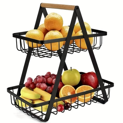 Countertop Fruit and Vegetable Basket – Removable Bowl Storage with Wooden Handle – Kitchen Preservation Holder and Accessories