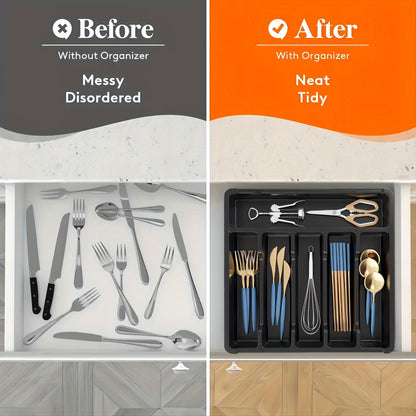 Flatware Organizer Tray – 6 Compartment Plastic Cutlery Holder for Kitchen Drawers – Lightweight Design, Polished Finish – Ideal for Knives, Forks, Spoons and More