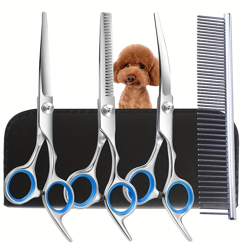 Dog Grooming Scissors Kit - Professional Pet Cleaning & Grooming Set with Safety Round Tip Stainless Steel Shears for Dogs & Cats