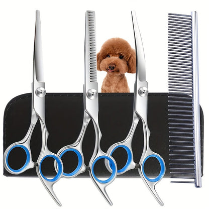 Dog Grooming Scissors Kit - Professional Pet Cleaning & Grooming Set with Safety Round Tip Stainless Steel Shears for Dogs & Cats
