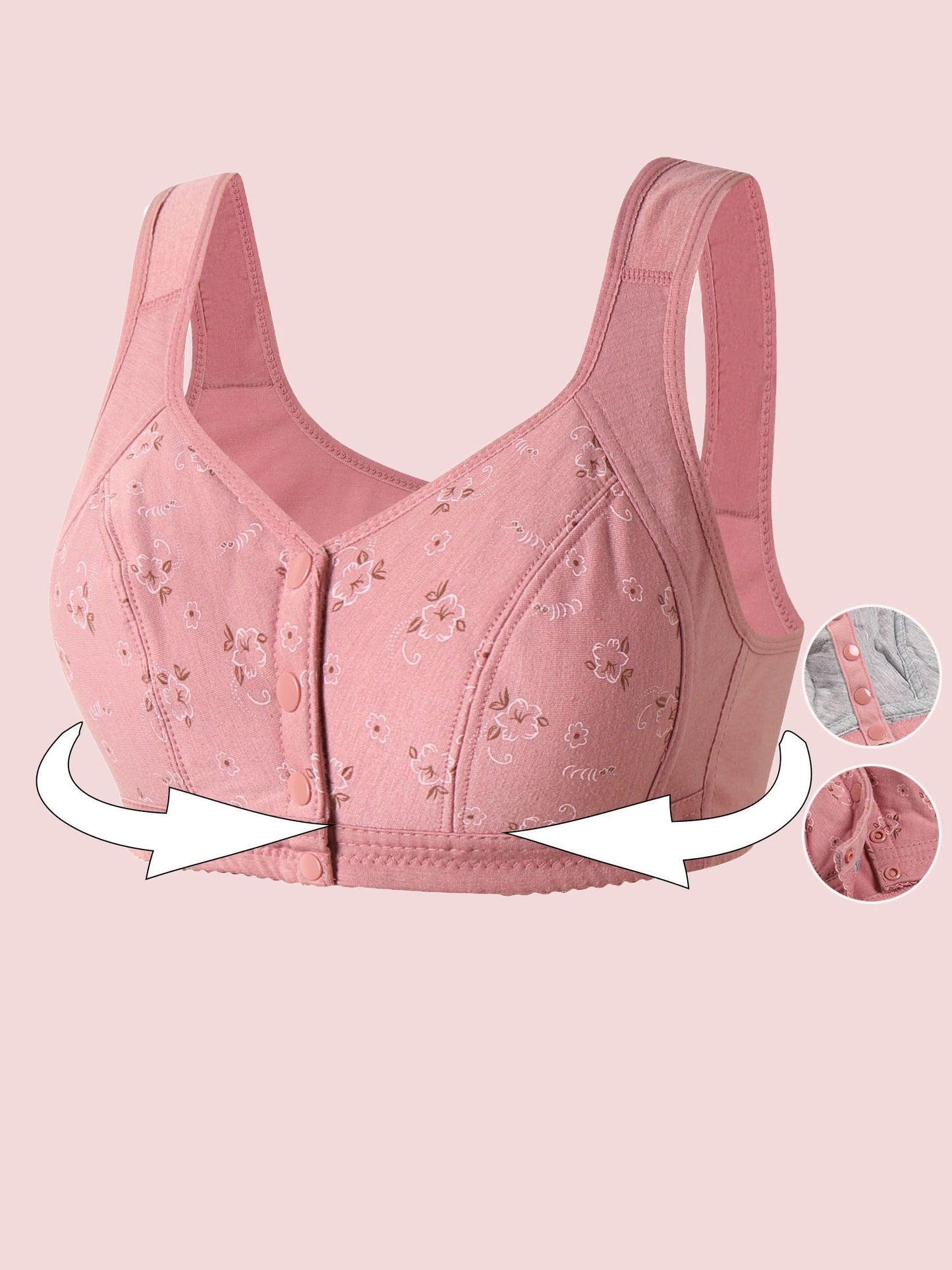 Plus Size Women's Elegant Romance Bra – Wireless, Non-Padded, Front Button Closure – Slight Stretch, Random Floral Print – Comfortable, Breathable Polyester Knit Fabric