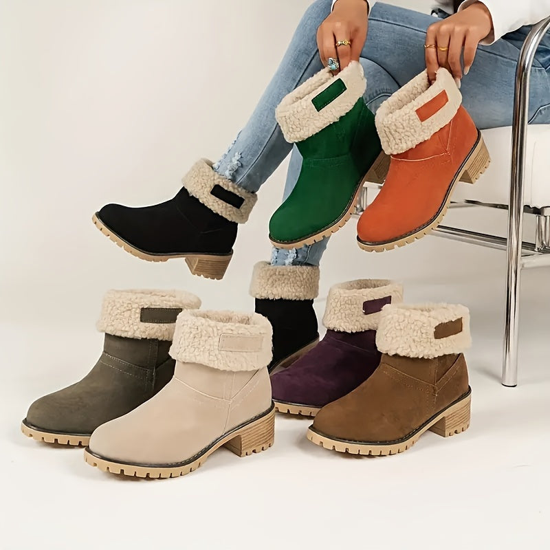 Women's Chunky Heel Slip-On Ankle Boots - Plush Lined for Comfort and Warmth