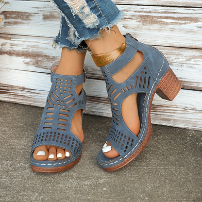 Chic Hollow-Out Wedge Sandals with Thick Sole & Zip Closure - Comfortable Summer Footwear