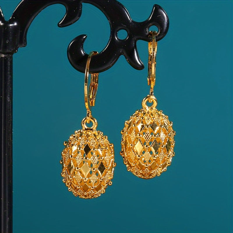 Vintage Metal Hand-Engraved Pattern Hoop Earrings - Classic Women's Gold-Plated Hook Drop Earrings