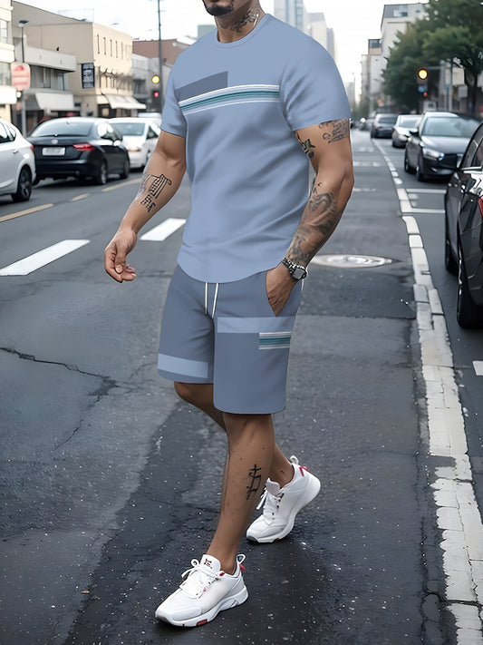 2-Piece Men's Color Blocked Summer Co-ord Set – Short Sleeve Crew Neck T-Shirt and Drawstring Shorts with Pockets