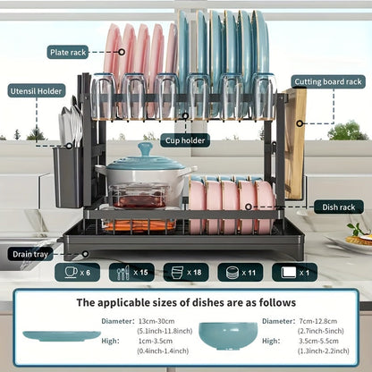 2 Tier Rustproof Metal Dish Rack with Drainboard and Utensil Holder – Space-Saving Kitchen Countertop Organizer for Dishes and Utensils, Easy to Clean