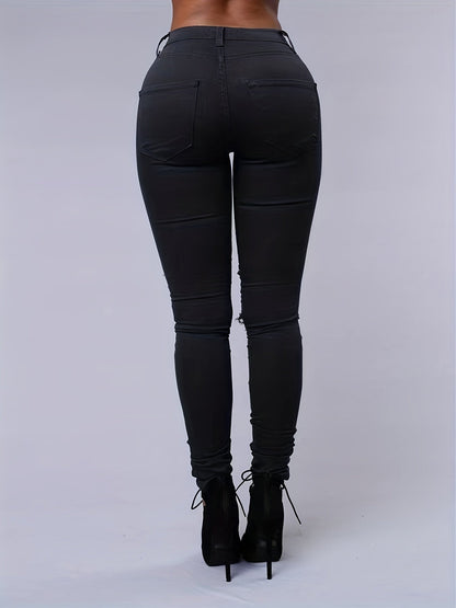 Women's Ripped High-Stretch Distressed Jeans – Slim Fit Solid Color Denim Pants with Zipper Button Closure