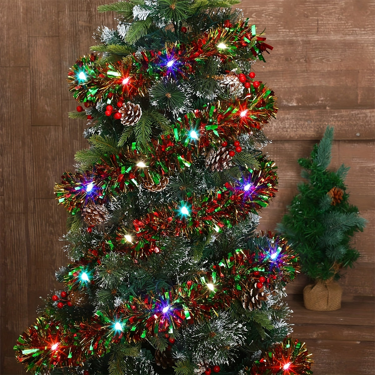 Dingion 16 Ft Christmas Tinsel Garland with LED Lights – Metallic Shiny Hanging Decorations for Indoor and Outdoor Xmas Party ( Batteries Not Included )