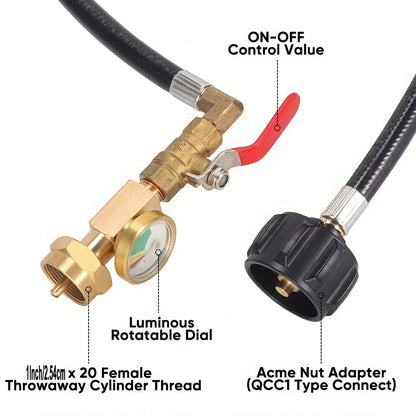 36" Propane Refill Adapter Hose with Pressure Gauge - High-Pressure Camping Grill Connection, 350PSI QCC/Type1 Inlet, 1LB Propane Tank Adapter | ON-Off Control Valve, Durable Construction for Safe Outdoor Cooking
