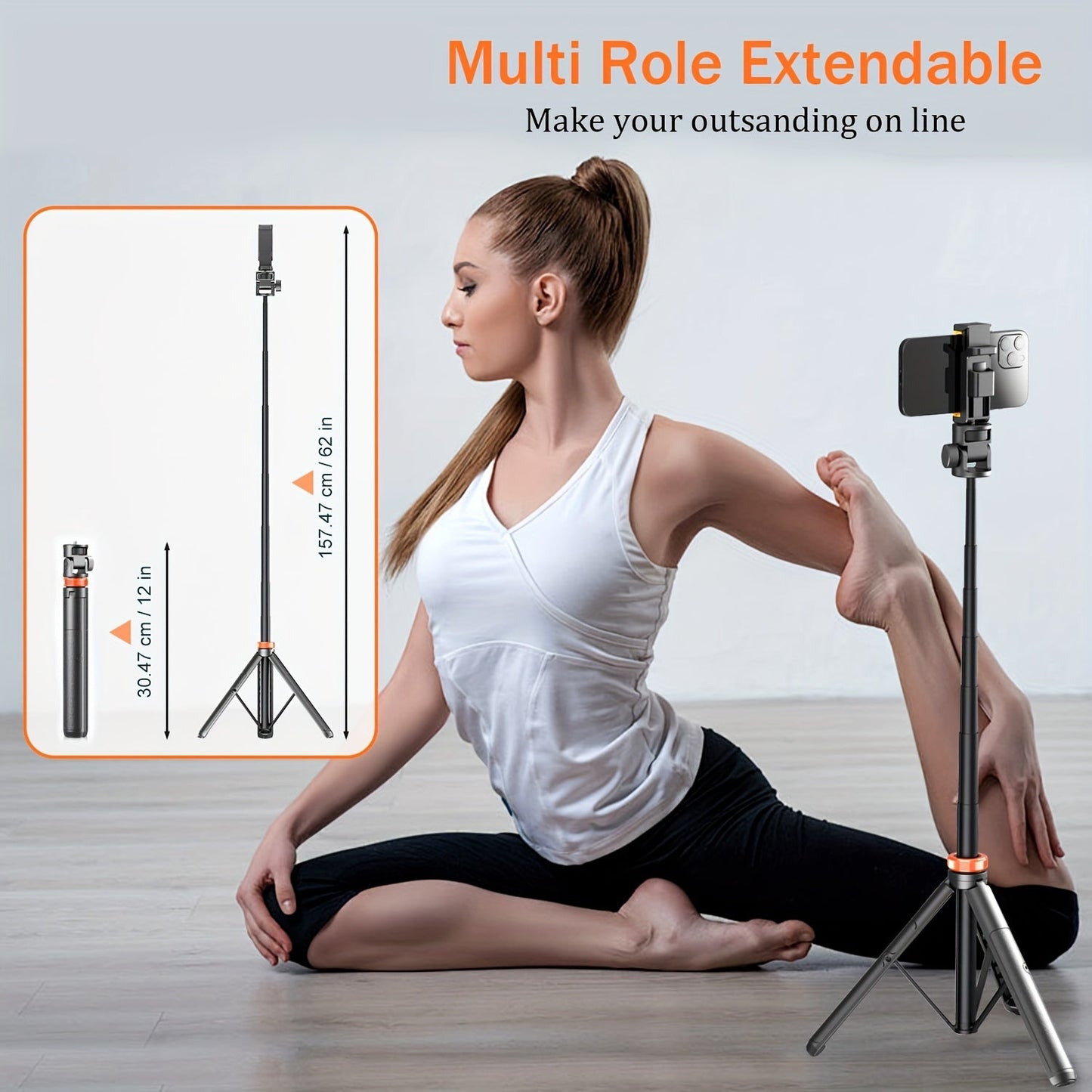 62 Inch Extra-Large Phone Tripod Stand - Wireless Remote, Retractable & Travel-Friendly, Compatible with iPhone 15/14/13 & Android - Battery Powered, Non-Rechargeable and Durable