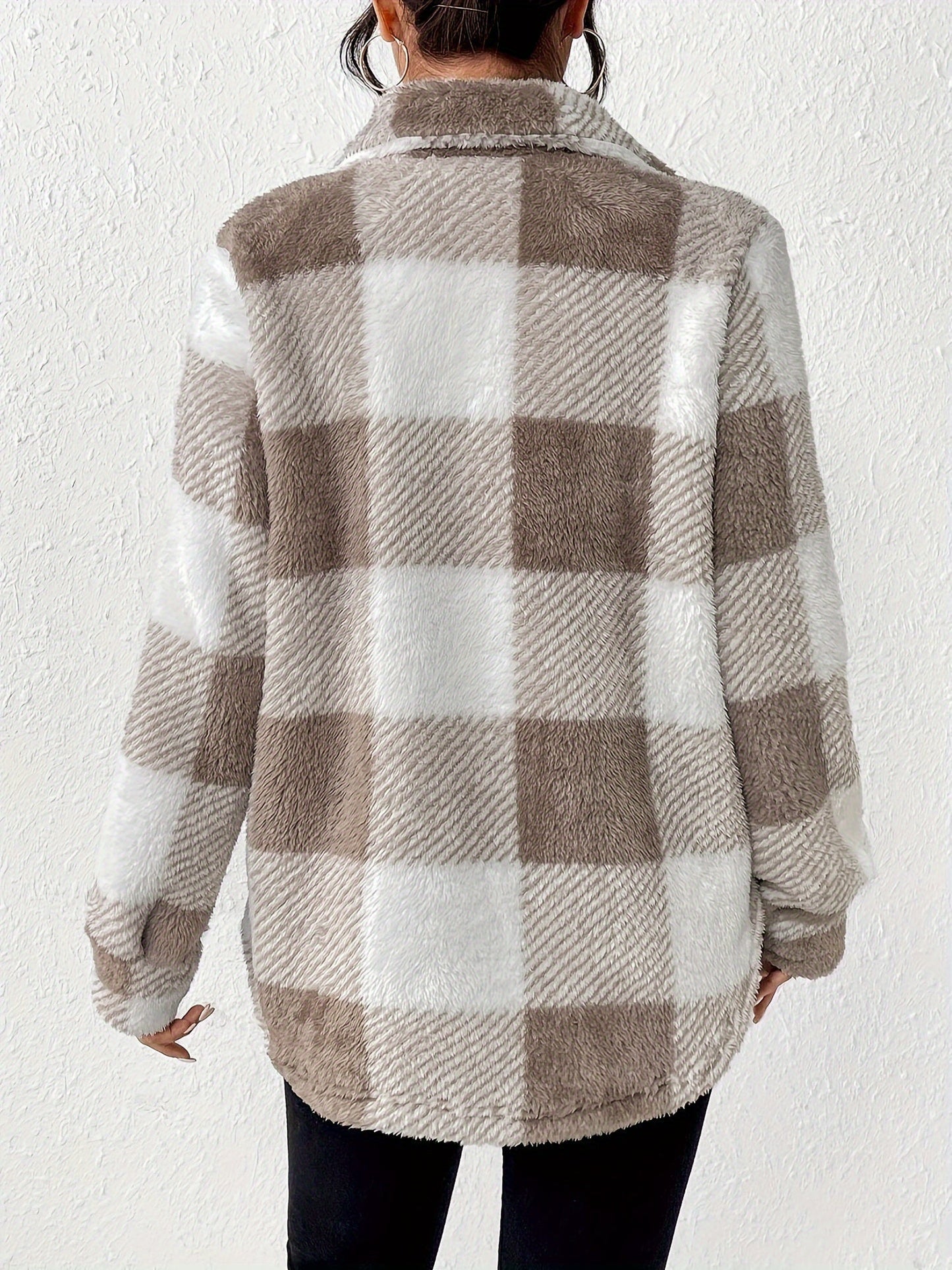 Plaid Pattern Button-Front Fuzzy Coat – Elegant Long Sleeve Warm Outerwear for Fall & Winter, Women's Clothing