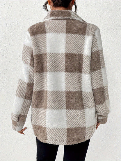 Plaid Pattern Button-Front Fuzzy Coat – Elegant Long Sleeve Warm Outerwear for Fall & Winter, Women's Clothing