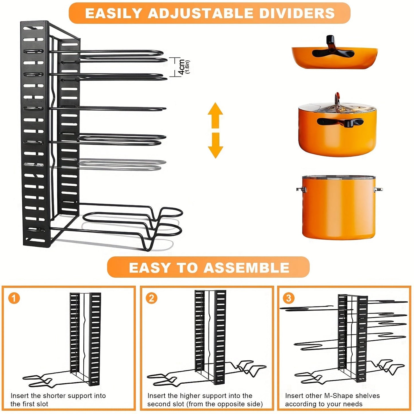 8-Tier Pot Organizer Rack - Metal Kitchen Cabinet Storage for Pots and Pans, Space-Saving Holder