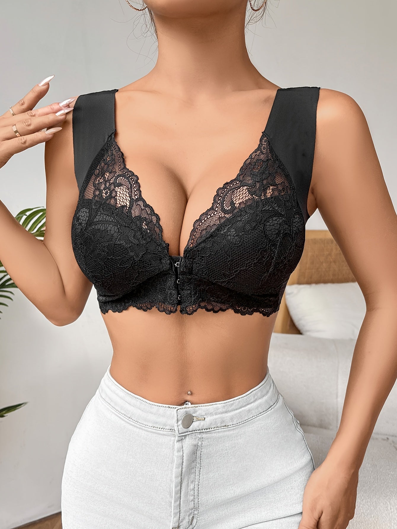 Simple Solid Contrast Lace Front Buckle Bra – Comfy, Breathable Wireless Push-Up Bra – Women’s Lingerie and Underwear