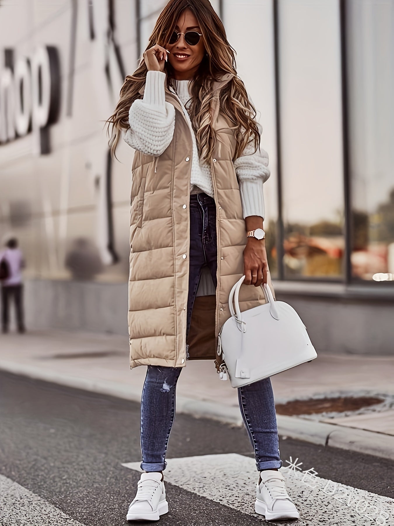 Women's Button Front Hooded Coat - Casual Sleeveless Long Length Outerwear