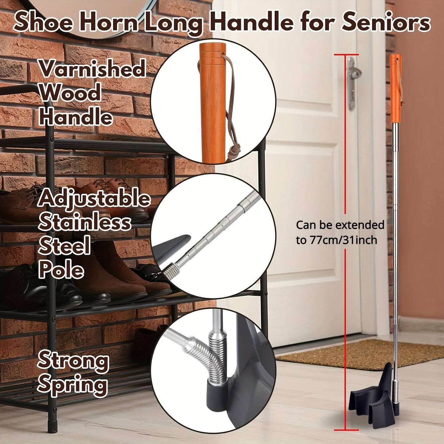 Easy-Reach 31" Stainless Steel Shoe Horn – No Bending Required, Ideal for Sneakers & Boots, Perfect for Seniors