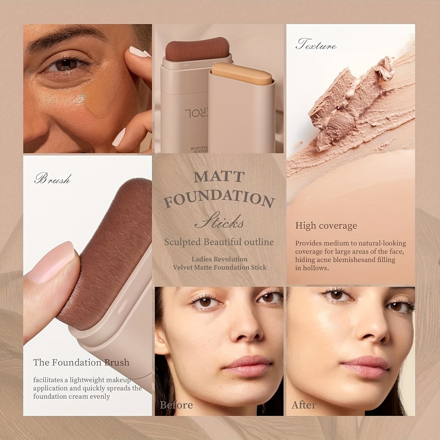 Velvet Matte Foundation Stick with Brush - Hydrating Concealer Cream, Long-Lasting, Natural Effect, Multi-Tone Coverage, Under 1 Fl Oz