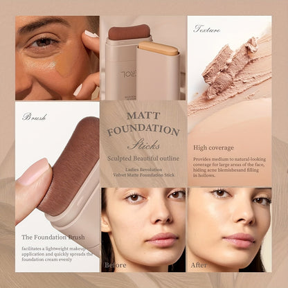 Velvet Matte Foundation Stick with Brush - Hydrating Concealer Cream, Long-Lasting, Natural Effect, Multi-Tone Coverage, Under 1 Fl Oz