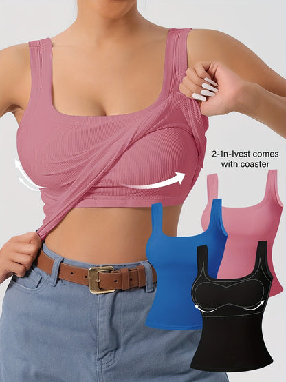 Women's 3-Piece Ribbed U-Back Tank Tops – Slim Fit with Removable Pads, Solid Colors, Casual Layering and Outerwear Camisoles