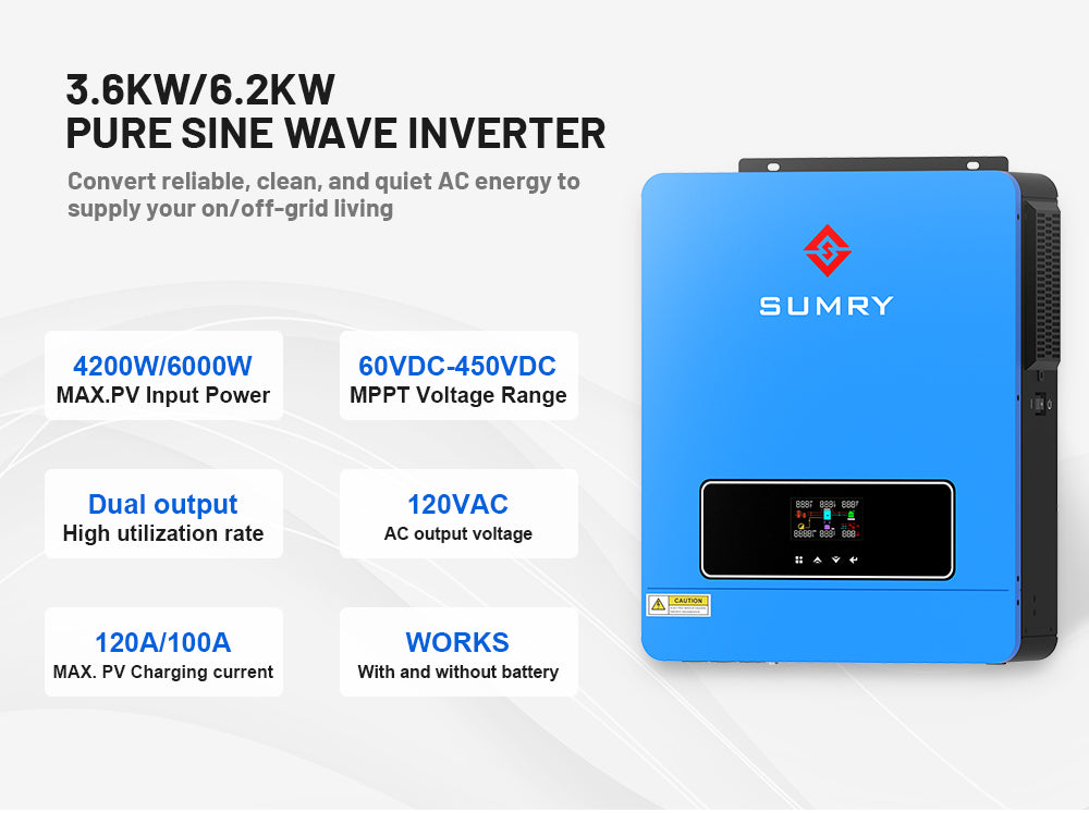 Sumry 3.6kW Hybrid Solar Inverter — 24V DC to 110/120V AC Dual Output with 120A MPPT
