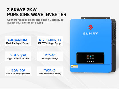 Sumry 3.6kW Hybrid Solar Inverter — 24V DC to 110/120V AC Dual Output with 120A MPPT