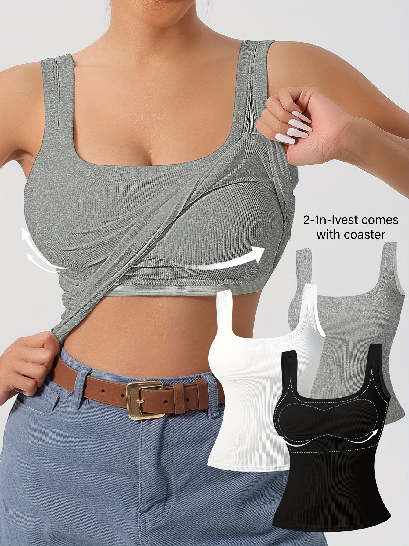 Women's 3-Piece Ribbed U-Back Tank Tops – Slim Fit with Removable Pads, Solid Colors, Casual Layering and Outerwear Camisoles