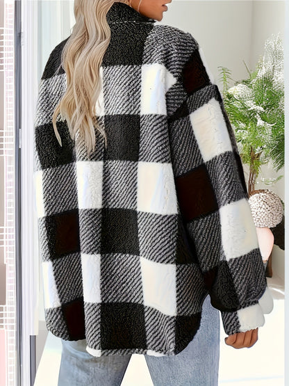 Plaid Pattern Button Front Jacket – Elegant Long Sleeve Warm Outerwear for Fall & Winter, Women's Clothing