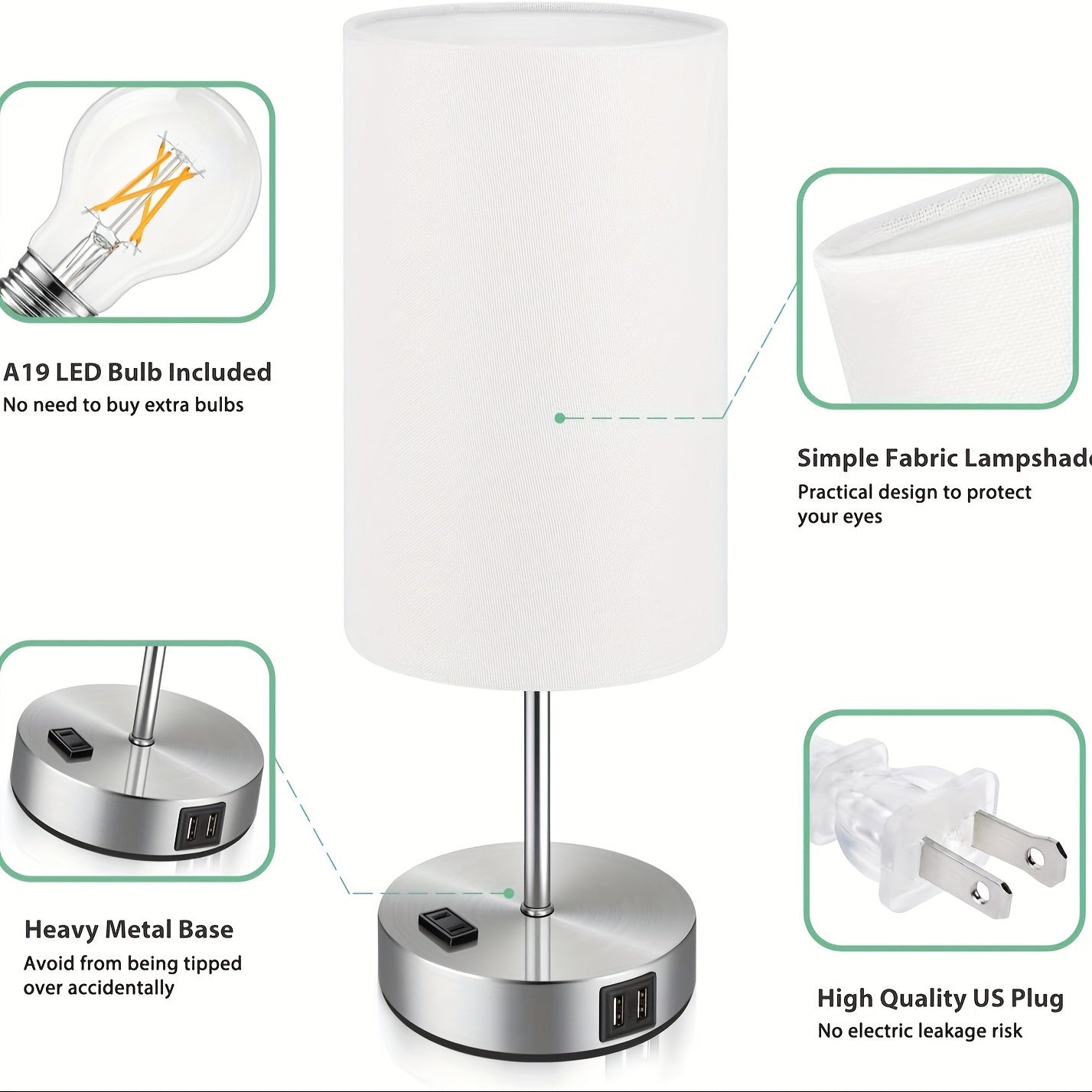 Set of 2 Touch Control Table Lamps with USB Ports and AC Outlet – 3 Way Dimmable Bedside Lamps with White Fabric Shade for Bedroom and Living Room, A19 LED Bulbs Included