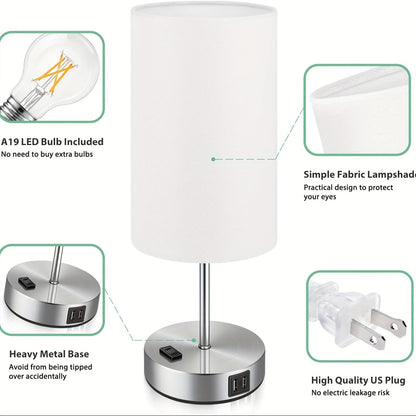 Set of 2 Touch Control Table Lamps with USB Ports and AC Outlet – 3 Way Dimmable Bedside Lamps with White Fabric Shade for Bedroom and Living Room, A19 LED Bulbs Included